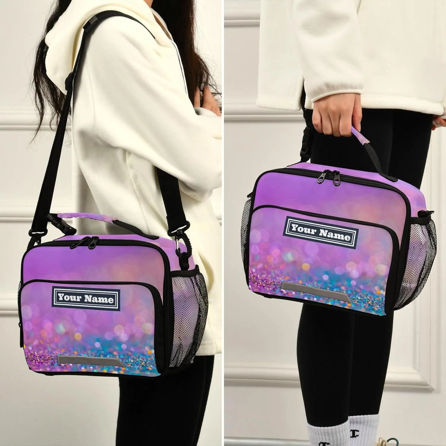 Aslsiy Custom Lunch Bag for Women Twinkle Glitters Blurred Personalized Insulated Lunch Box Modern Color Portable Handbag with Adjustable Shoulder Strap for Office Picnic Travel