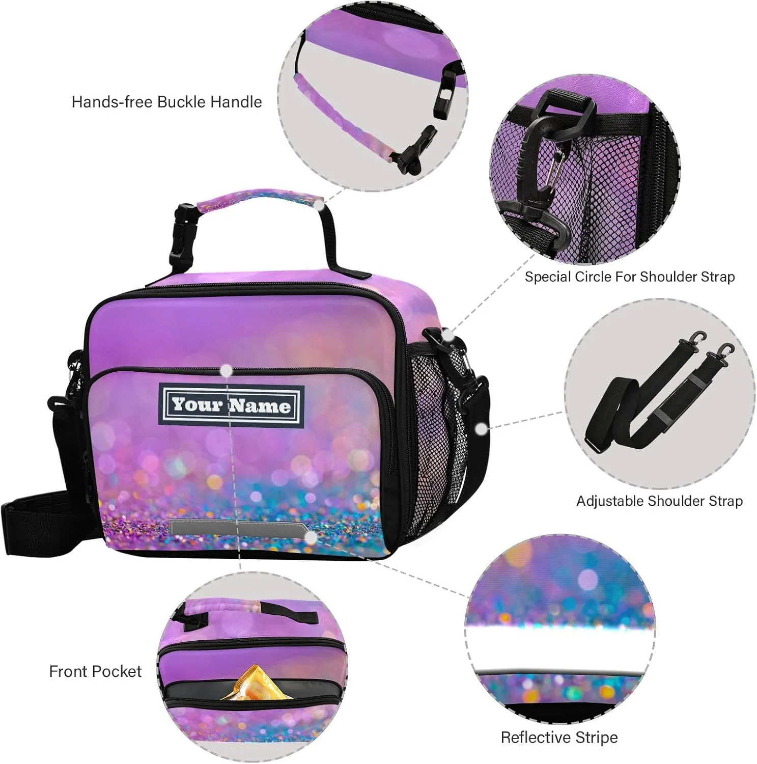 Aslsiy Custom Lunch Bag for Women Twinkle Glitters Blurred Personalized Insulated Lunch Box Modern Color Portable Handbag with Adjustable Shoulder Strap for Office Picnic Travel