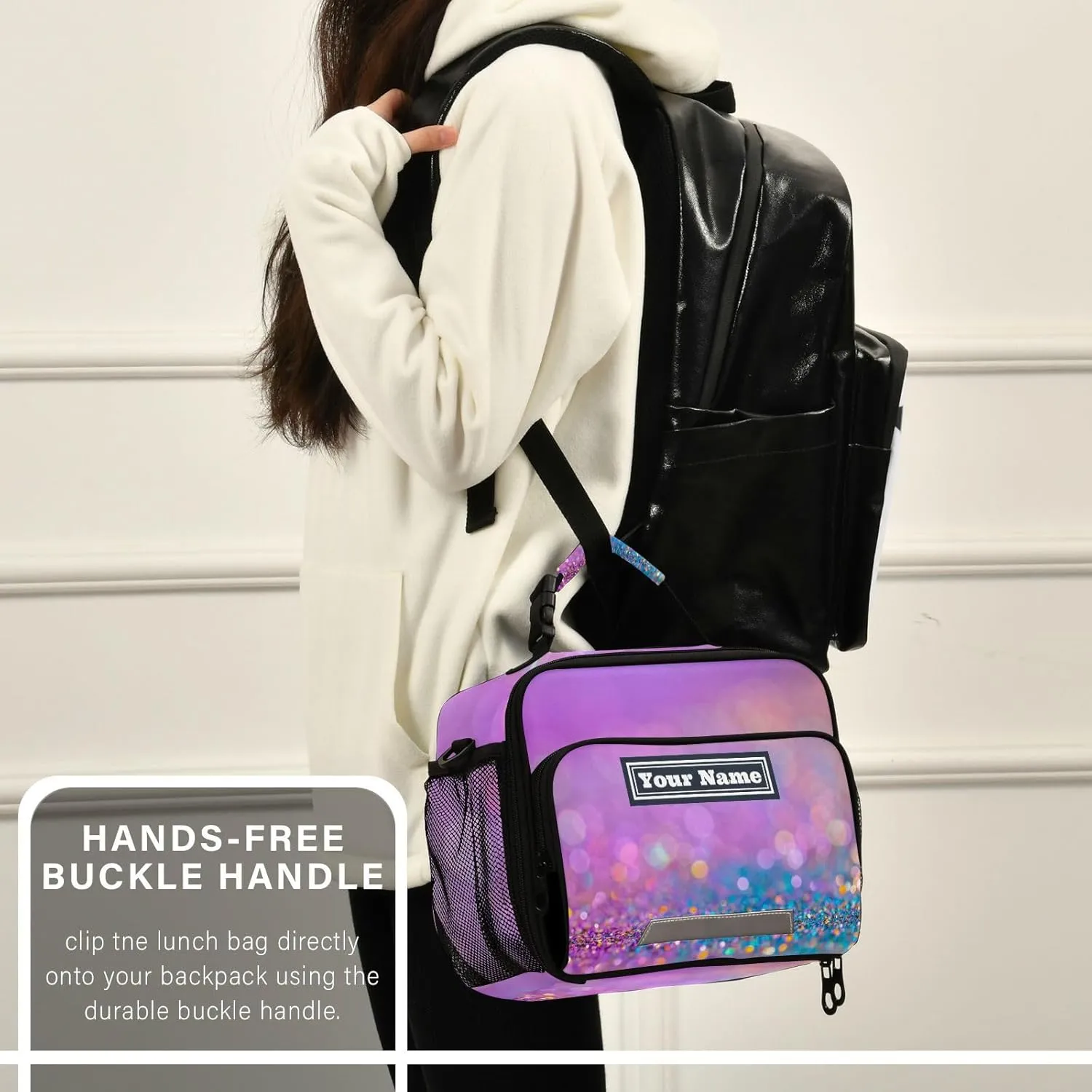 Aslsiy Custom Lunch Bag for Women Twinkle Glitters Blurred Personalized Insulated Lunch Box Modern Color Portable Handbag with Adjustable Shoulder Strap for Office Picnic Travel