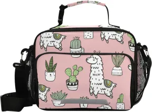 Aslsiy Cute Alpacas Cacti Succulents Reusable Lunch Bag for Women Men, Insulated Lunch Box Handbag Portable for Office Picnic Travel Cooler Bag with Adjustable Shoulder Strap