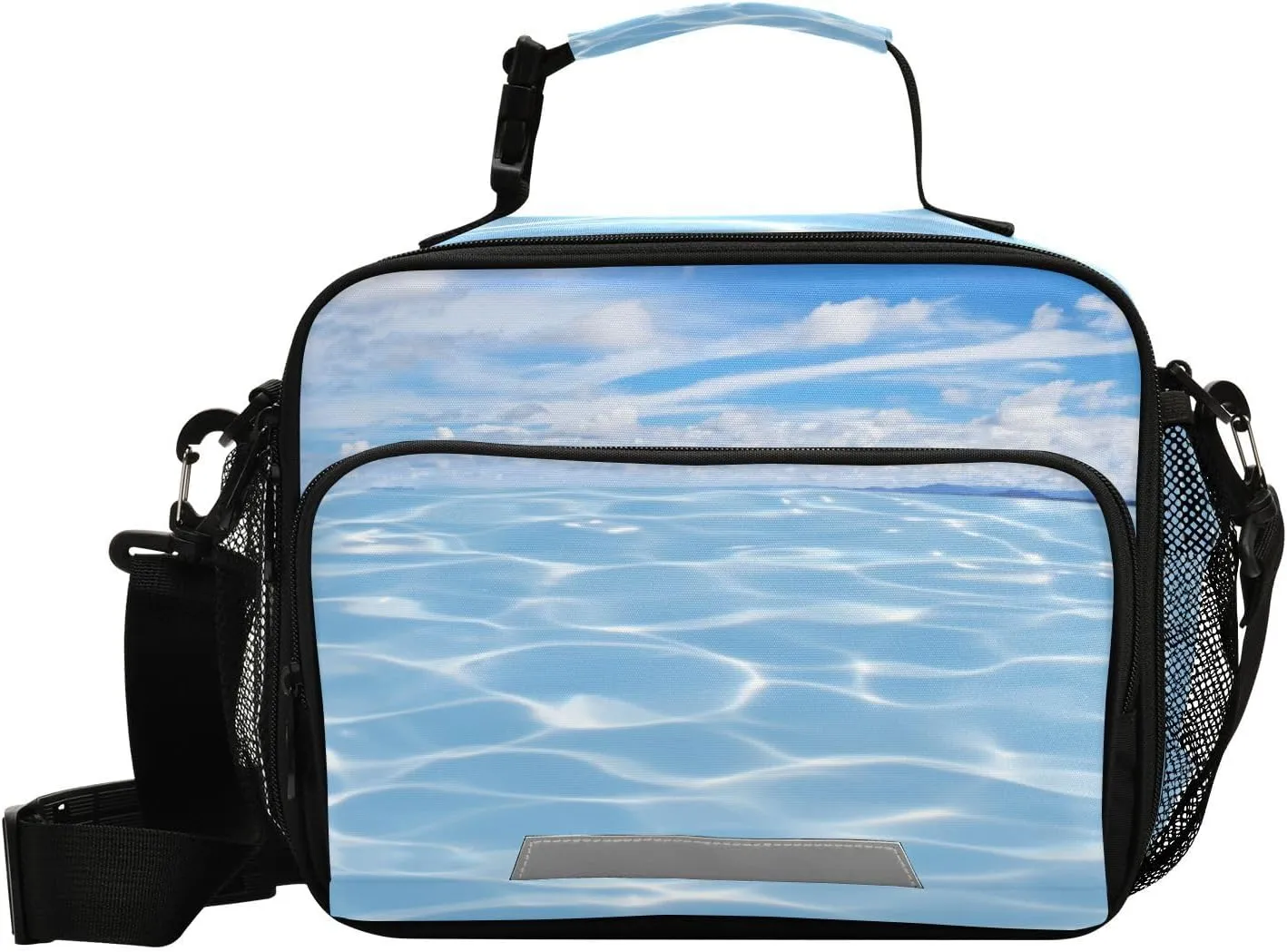 Aslsiy Lunch Bag for Women Blurred Blue Sea and Sky Insulated Lunch Box Handbag with Adjustable Shoulder Strap for Office Picnic Travel