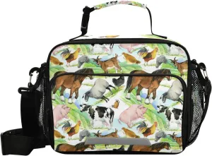 Aslsiy Lunch Bag for Women Farms Animal Pig Insulated Lunch Box Grass Handbag with Adjustable Shoulder Strap for Office Picnic Travel