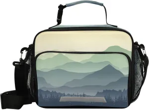 Aslsiy Lunch Bag for Women Green Mountains in The Fog Insulated Lunch Box Handbag with Adjustable Shoulder Strap for Office Picnic Travel