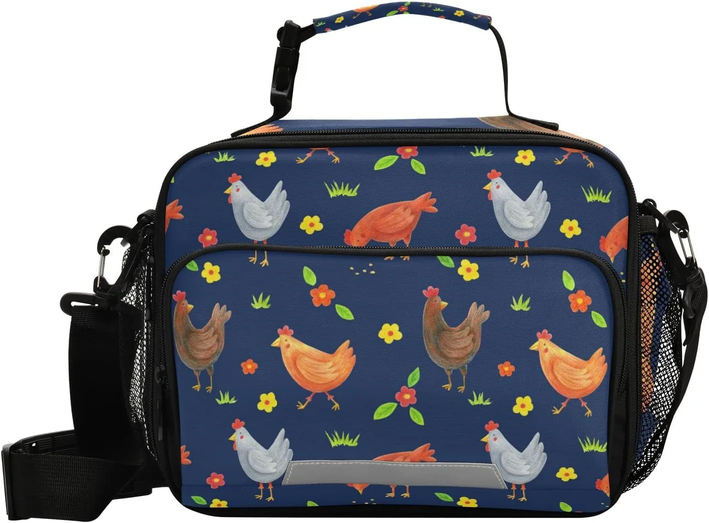 Aslsiy Lunch Bag for Women Hens Blue Insulated Lunch Box Flowers Leaves Grass Handbag with Adjustable Shoulder Strap for Office Picnic Travel