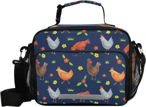 Aslsiy Lunch Bag for Women Hens Blue Insulated Lunch Box Flowers Leaves Grass Handbag with Adjustable Shoulder Strap for Office Picnic Travel