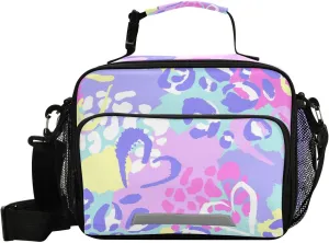 Aslsiy Lunch Bag for Women Kids Chaotic Leopard with Hearts Insulated Lunch Box Handbag with Adjustable Shoulder Strap for School Picnic Travel