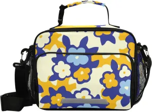 Aslsiy Lunch Bag for Women Kids Naive Daisy Flowers Insulated Lunch Box Yellow Blue Handbag with Adjustable Shoulder Strap for School Picnic Travel