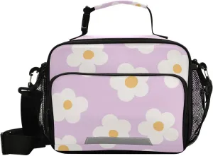 Aslsiy Lunch Bag for Women Kids Naive Floral Boho Daisies Insulated Lunch Box Violet Handbag with Adjustable Shoulder Strap for School Picnic Travel