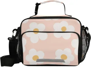 Aslsiy Lunch Bag for Women Kids Naive Floral Boho Insulated Lunch Box Peach Handbag with Adjustable Shoulder Strap for School Picnic Travel