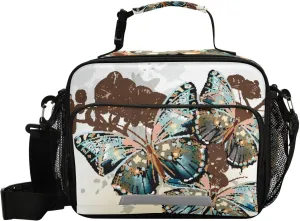 Aslsiy Lunch Bag for Women Pixel Butterflies Insulated Lunch Box Orchids Handbag with Adjustable Shoulder Strap for Office Picnic Travel