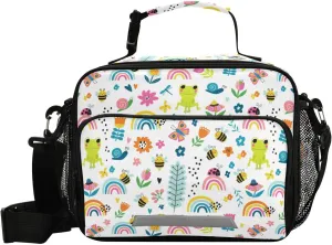 Aslsiy Reusable Lunch Bag Ladybird and Flowers Leaves Insulated Lunch Box for Women Fog Bee Cooler Bag Handbag with Adjustable Shoulder Strap for School Office Picnic