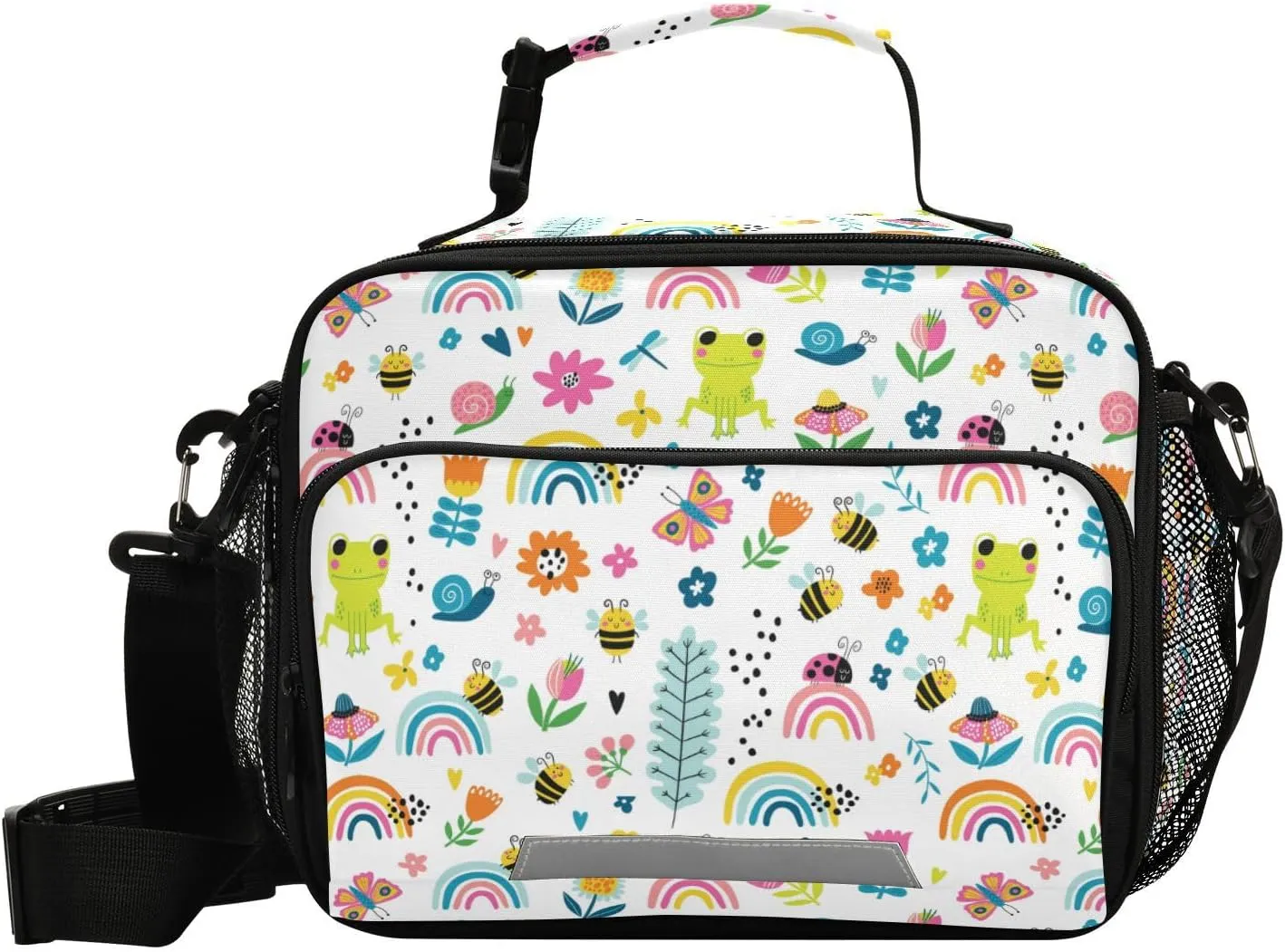 Aslsiy Reusable Lunch Bag Ladybird and Flowers Leaves Insulated Lunch Box for Women Fog Bee Cooler Bag Handbag with Adjustable Shoulder Strap for School Office Picnic
