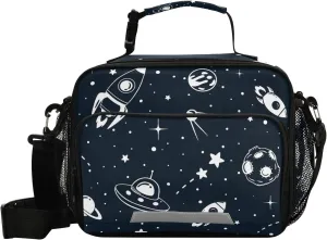 Aslsiy Rockets Planets Ufo Comet Stars Pattern Reusable Lunch Bag for Women Men, Insulated Lunch Box Handbag Portable for Office Picnic Travel Cooler Bag with Adjustable Shoulder Strap