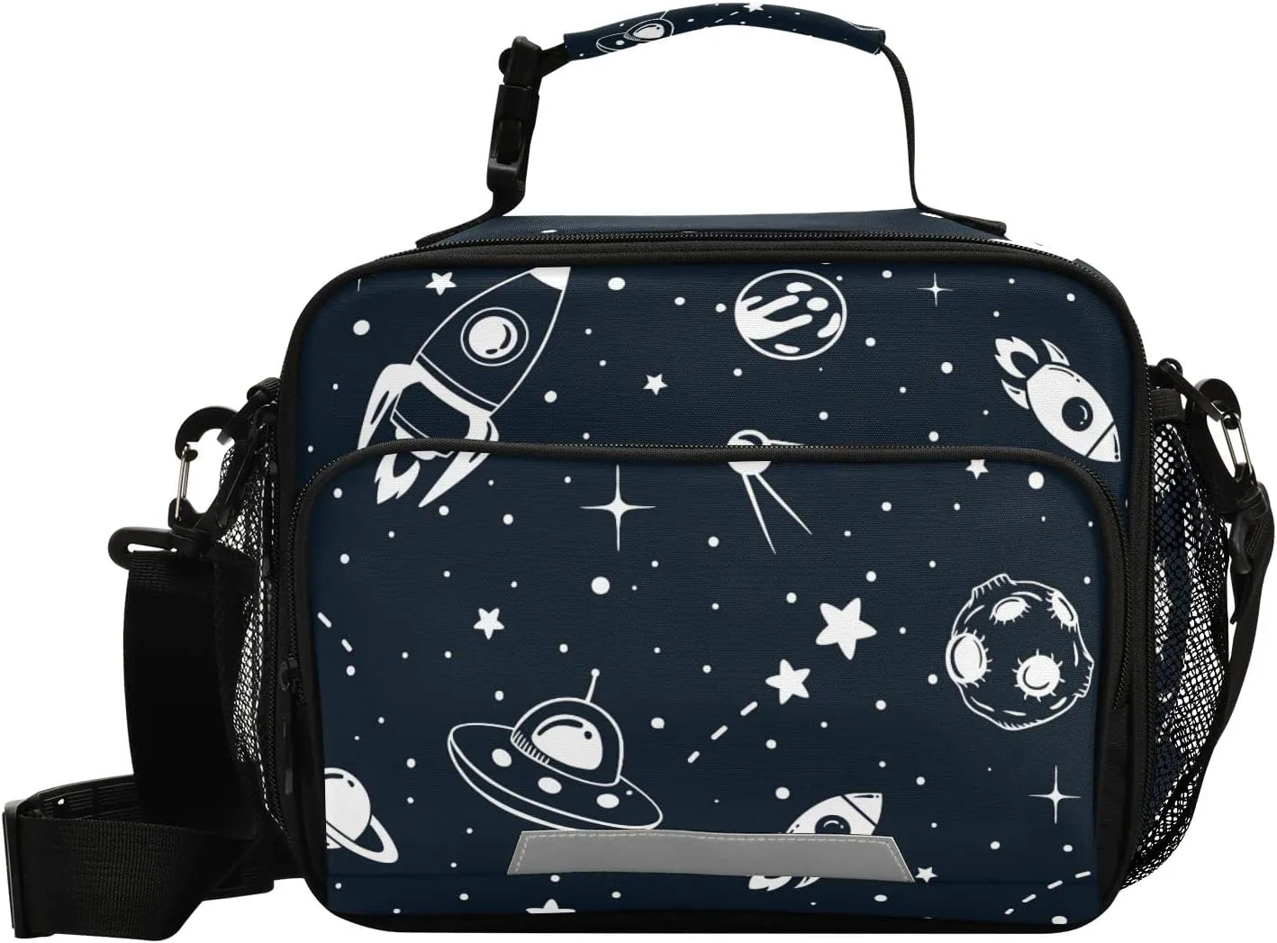 Aslsiy Rockets Planets Ufo Comet Stars Pattern Reusable Lunch Bag for Women Men, Insulated Lunch Box Handbag Portable for Office Picnic Travel Cooler Bag with Adjustable Shoulder Strap