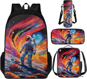 Astronaut Galaxy Teen Backpack and Lunch Box Set of 4 Lightweight School Bookpack for 5th 6th Grade Big Capacity Backpack for Boys with Pencil Bags for Boy Schoolbags