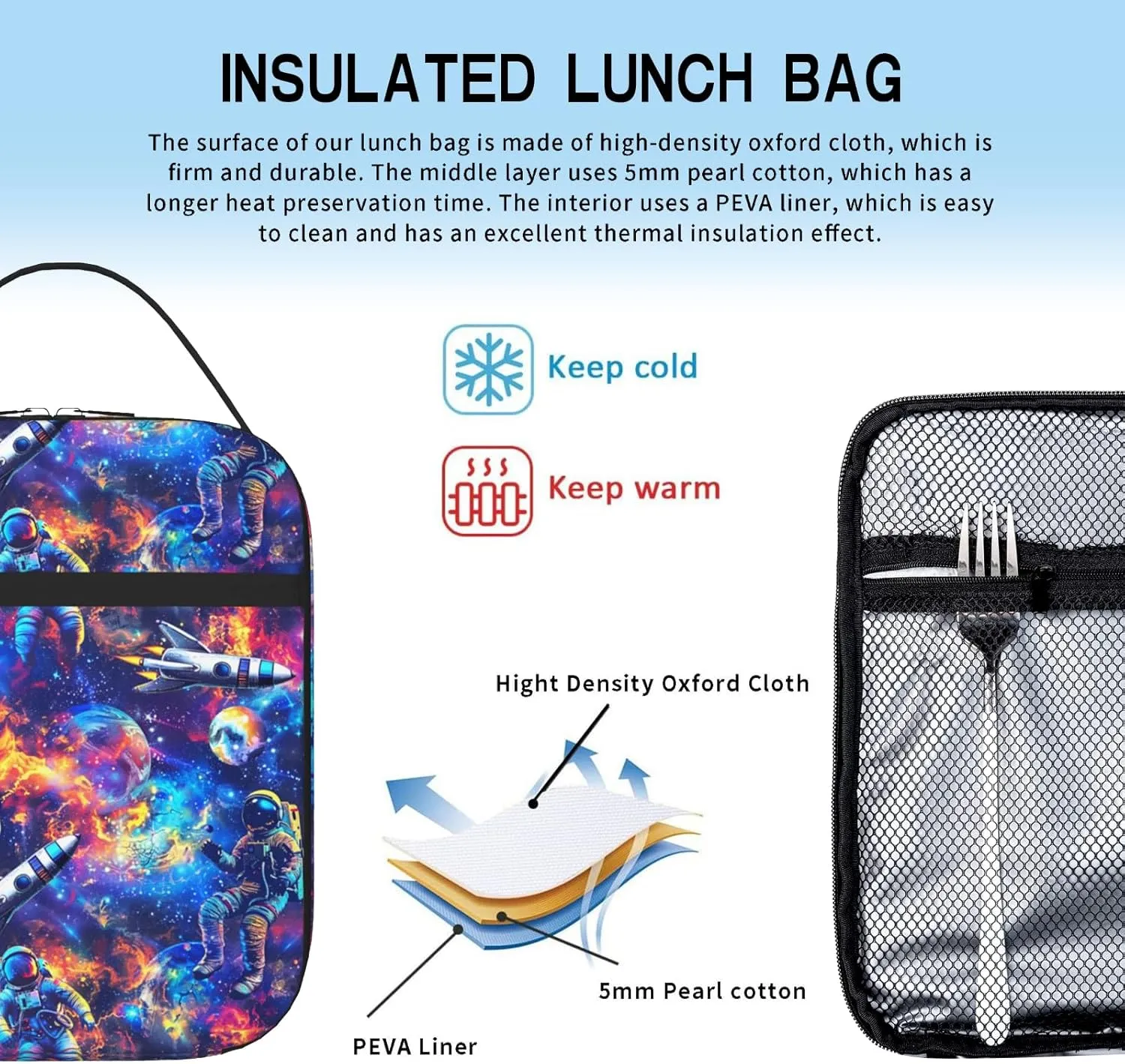 Astronaut Lunch Bag For Boys Girls Reusable Space Astronaut Lunch Box for Kids Insulated Meal Cooler Bags Waterproof Leakproof Portable Lunch Tote For School Work Travel Picnic Hiking Beach