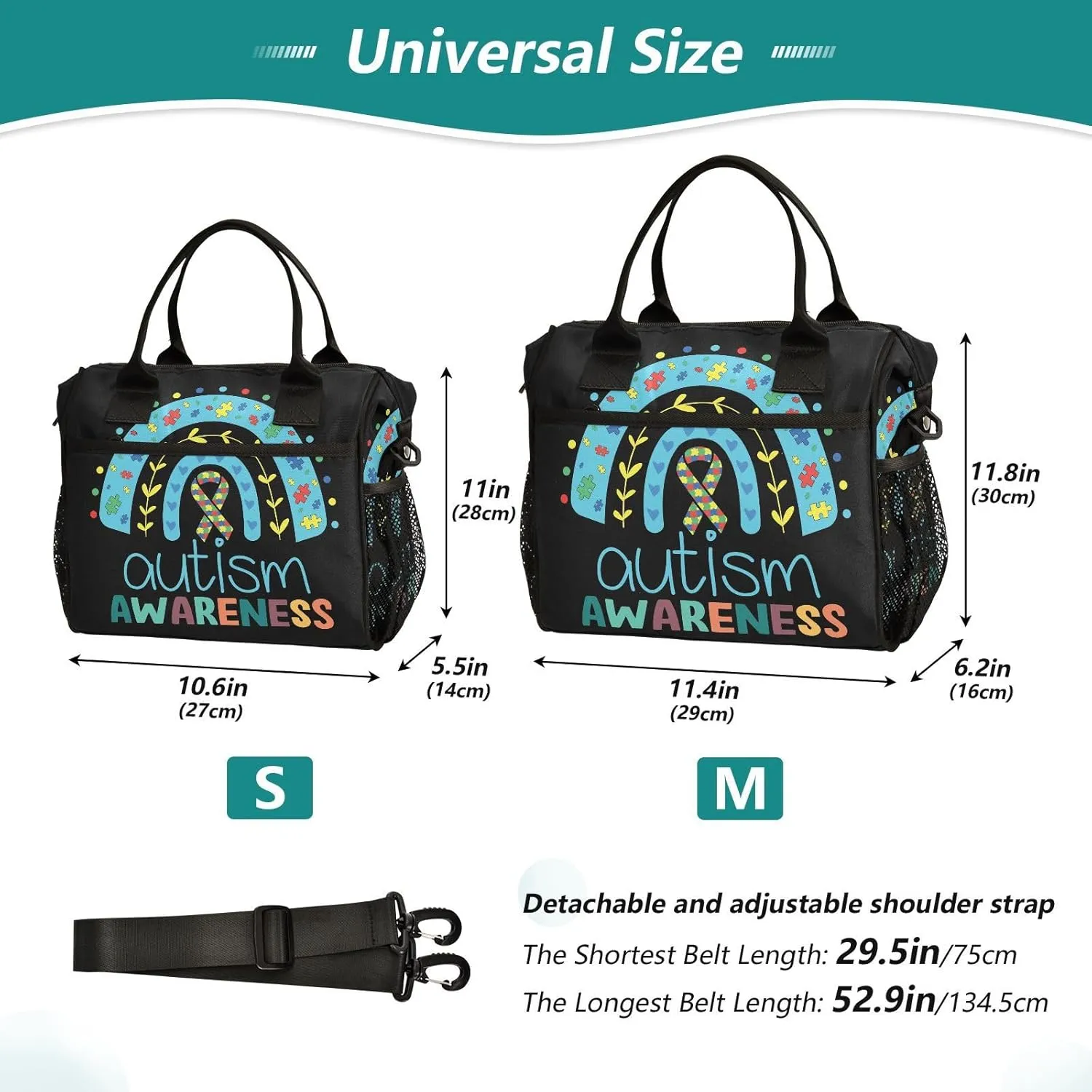 Autism Awareness Rainbow Print Lunch Bag Reusable Lunch Box for Office Picnic Hiking Beach, Insulated Cooler Tote Food Container with Adjustable Shoulder Strap for Men Women Adults