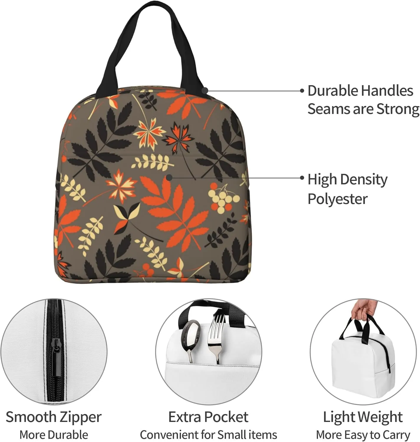 Autumn Forest Leaves Lunch Bag, Unisex Reusable Insulated Lunch Tote Box, Thermal Cooler Sack Food Handbags Case High Capacity for Travel Work Picnic