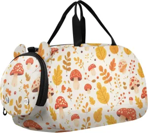 Autumn Leaves Mushrooms Small Gym Bag with Shoes Compartment Lightweight Overnight Travel Weekender Tote for Travel, Sports, Duffel, Weekender