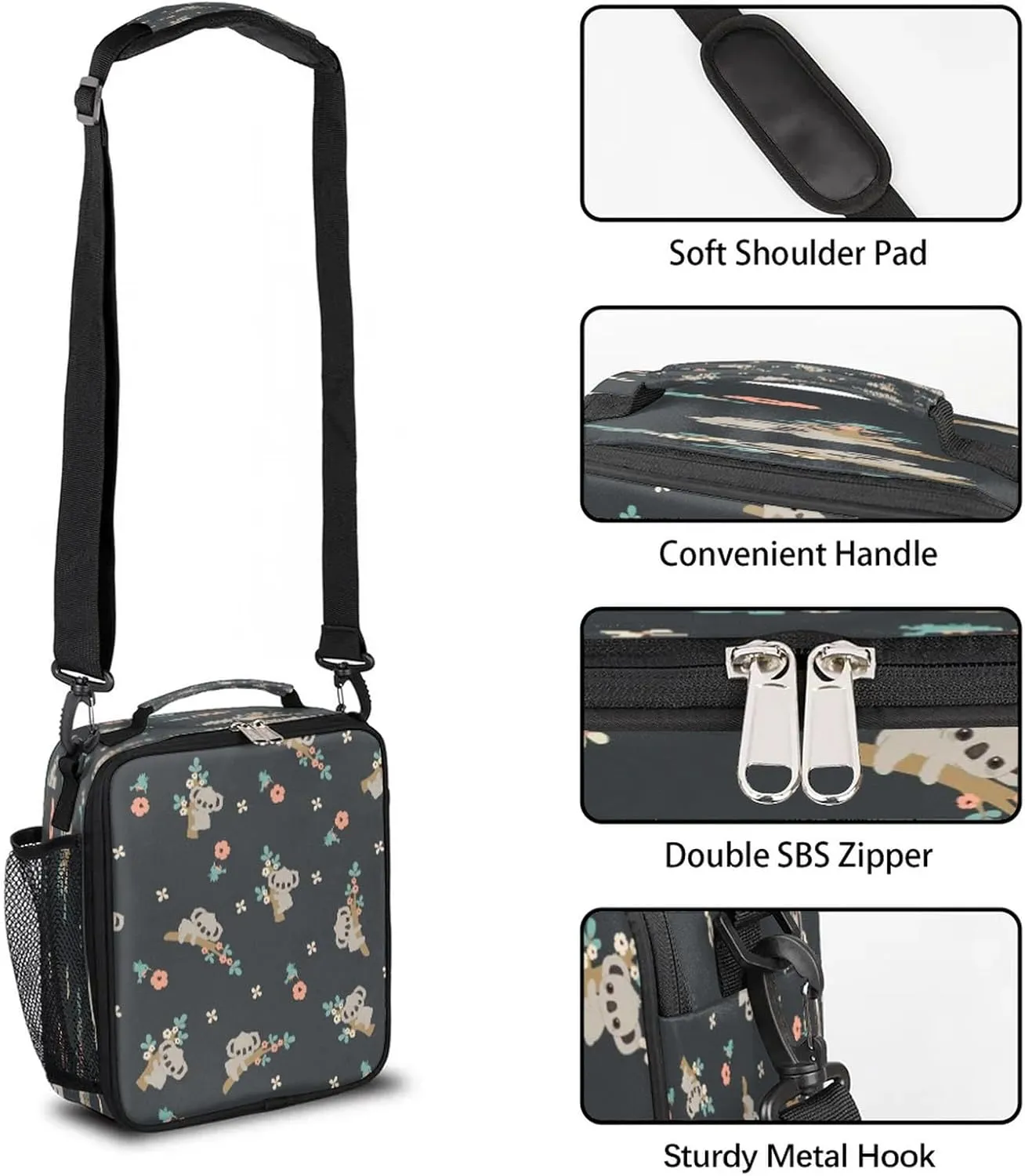 AUUXVA Koala Flowers Cute Kids Lunch Bags for Girls Boys Insulated Lunch Box Thermal Lunchbox Tote Bag with Adjustable Strap Leakproof Durable Lunch Cooler for Children Women School Work