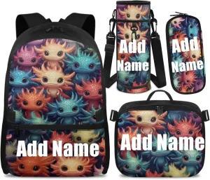 Axolotl Bookbag and Lunch Box Set for Girls Custom Backpack for School Girls 4th Grade Personalized Girl Bookbag with Lunch Box Back to School Supplies Daypack Bag