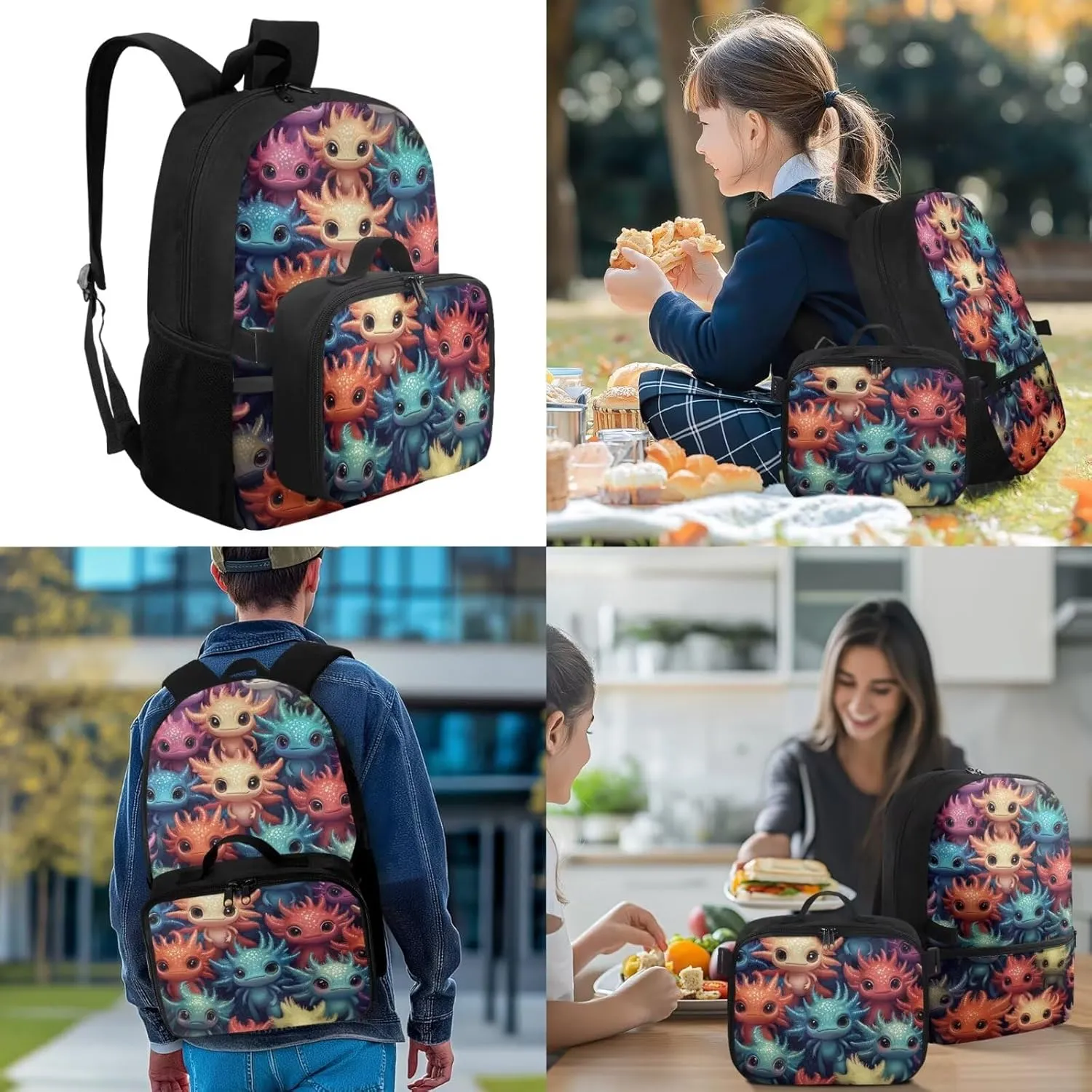 Axolotl Bookbag and Lunch Box Set for Girls Custom Backpack for School Girls 4th Grade Personalized Girl Bookbag with Lunch Box Back to School Supplies Daypack Bag