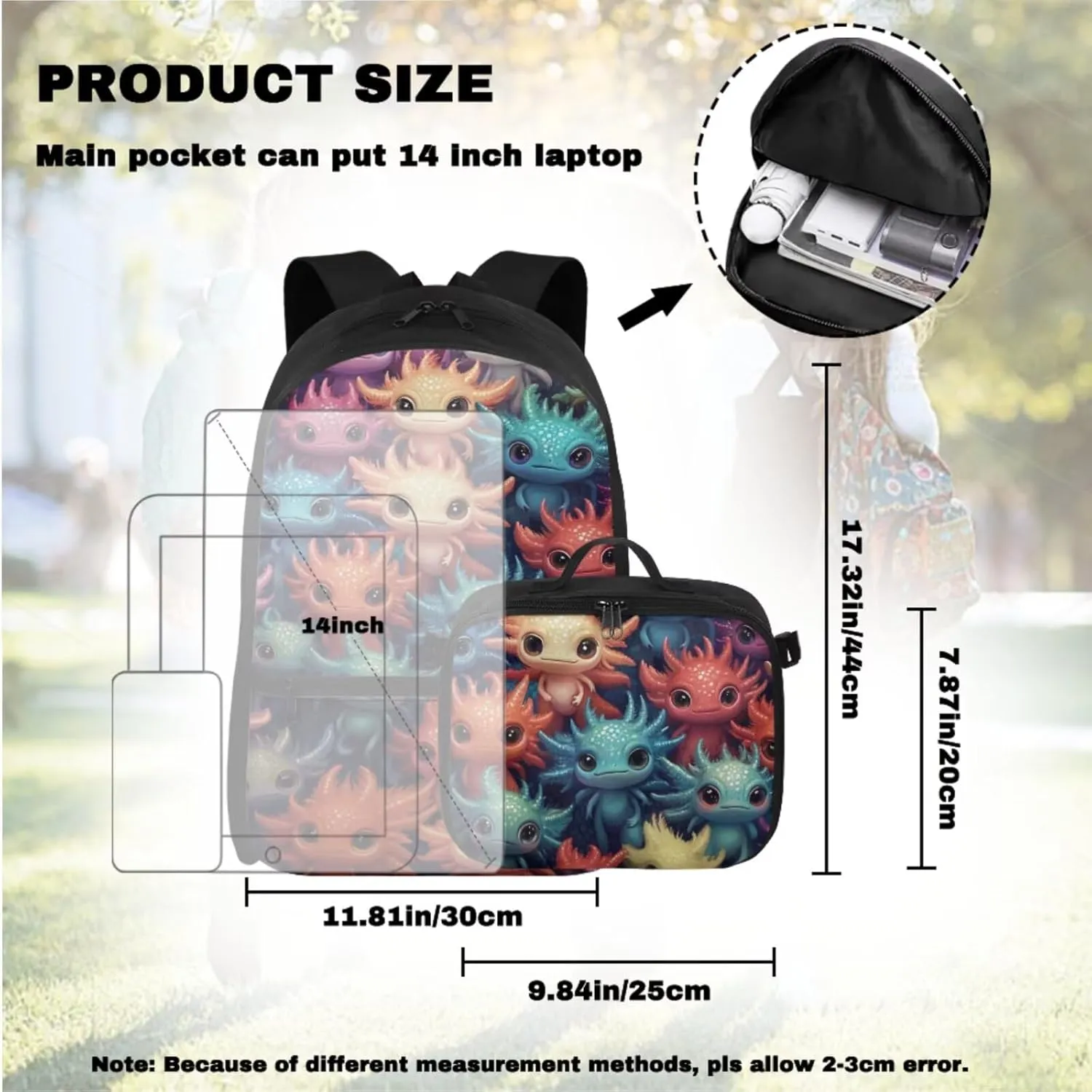 Axolotl Bookbag and Lunch Box Set for Girls Custom Backpack for School Girls 4th Grade Personalized Girl Bookbag with Lunch Box Back to School Supplies Daypack Bag