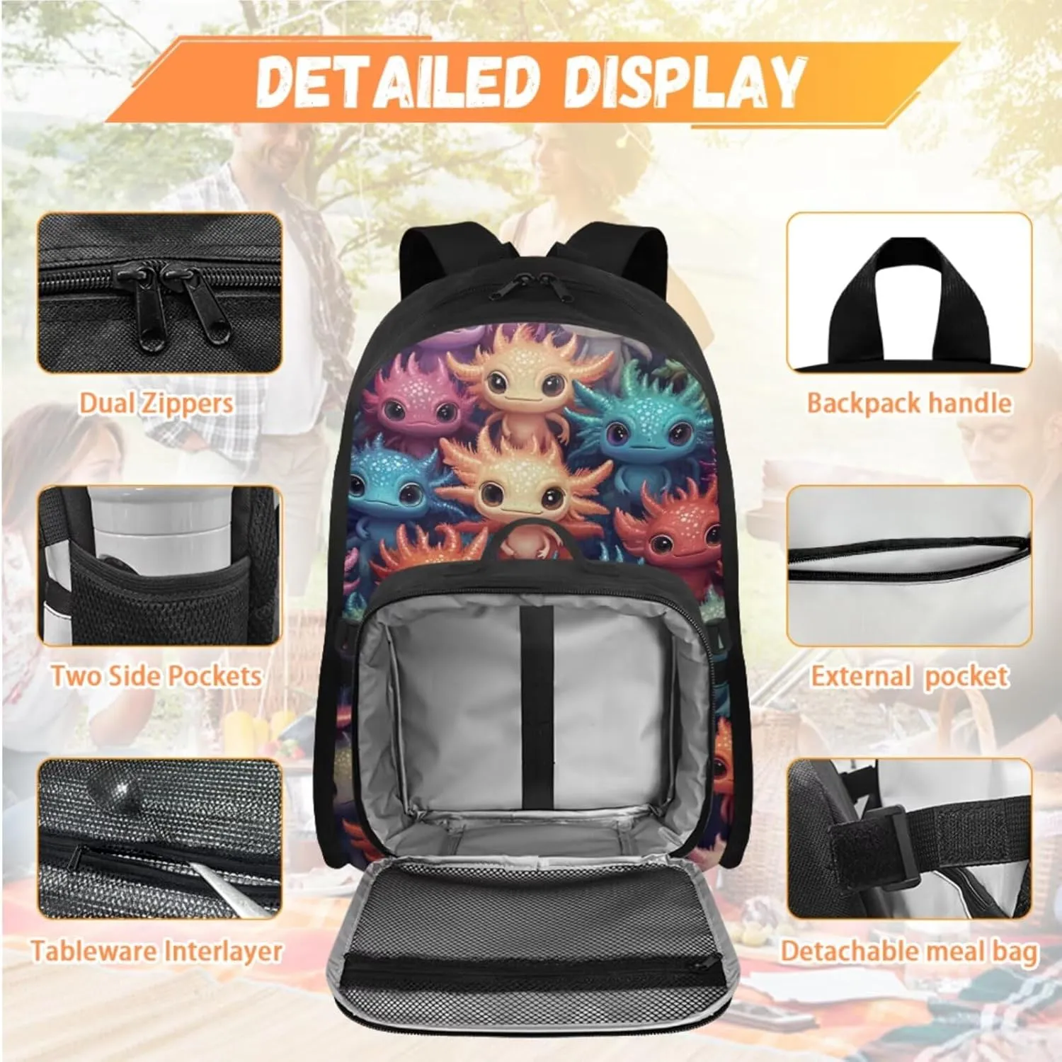 Axolotl Bookbag and Lunch Box Set for Girls Custom Backpack for School Girls 4th Grade Personalized Girl Bookbag with Lunch Box Back to School Supplies Daypack Bag