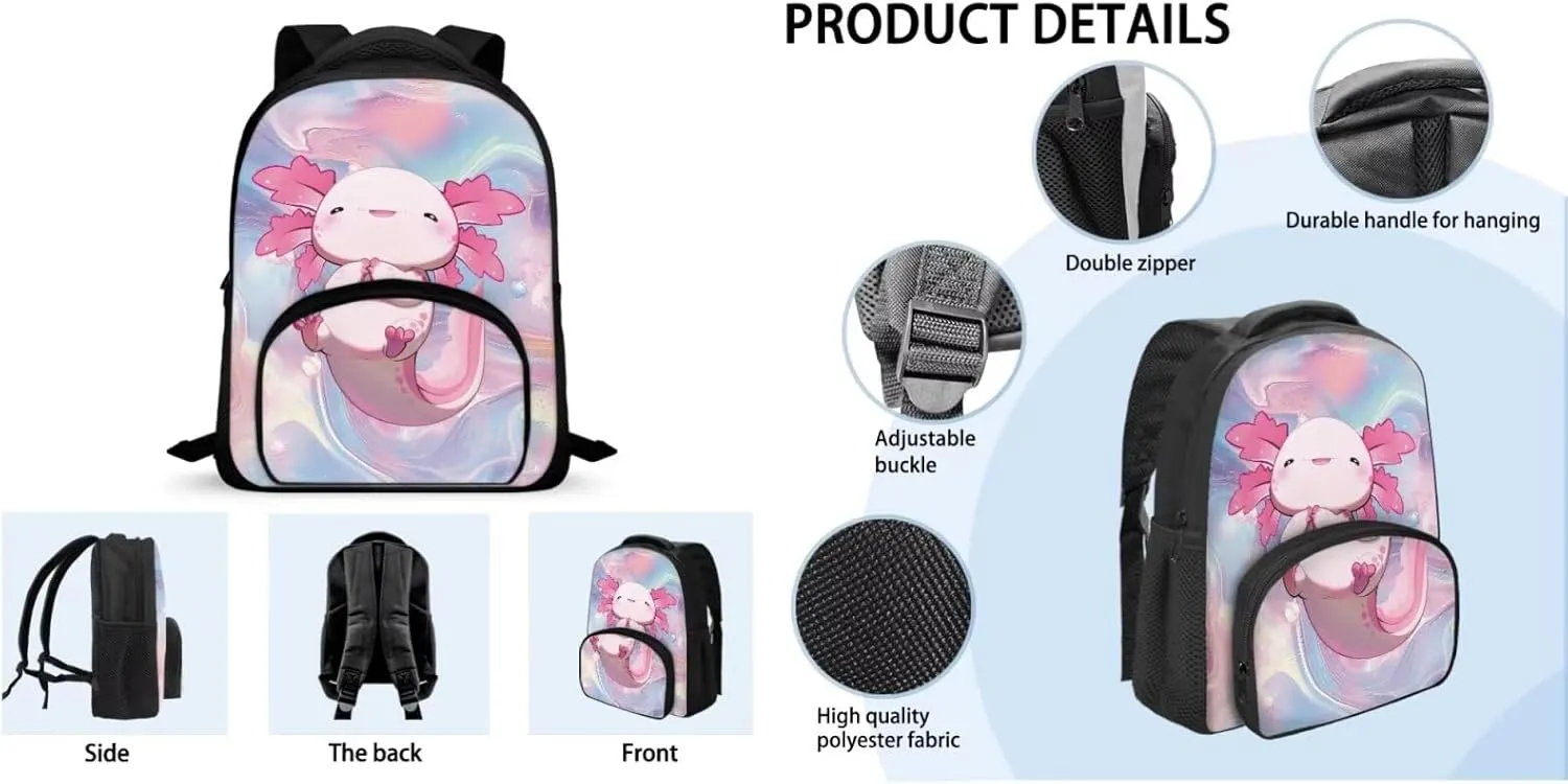 Axolotl Bookbag for Girls Primary School Backpack with Thermal Lunch Box and Pencil Case 3PCS School Backpack Set with Front Pockets for Kids Spring and Fall Trips