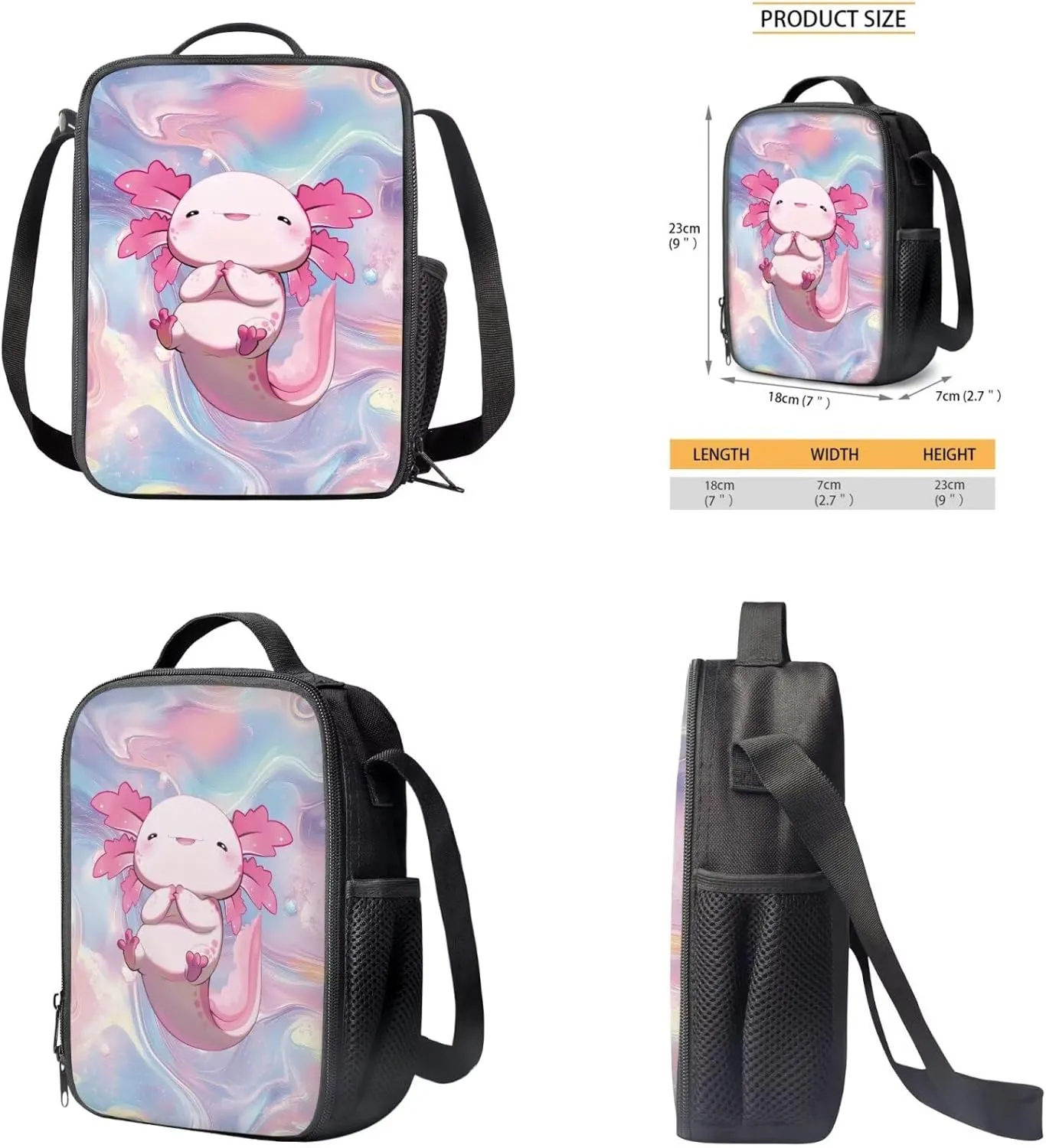 Axolotl Bookbag for Girls Primary School Backpack with Thermal Lunch Box and Pencil Case 3PCS School Backpack Set with Front Pockets for Kids Spring and Fall Trips