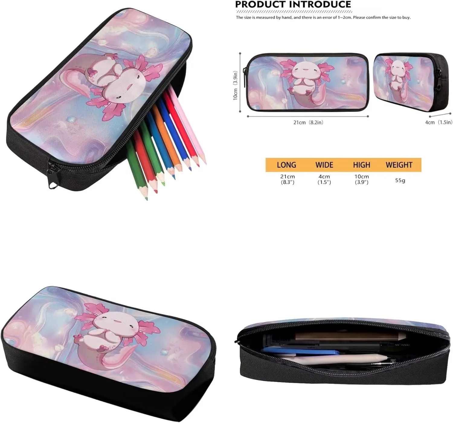 Axolotl Bookbag for Girls Primary School Backpack with Thermal Lunch Box and Pencil Case 3PCS School Backpack Set with Front Pockets for Kids Spring and Fall Trips