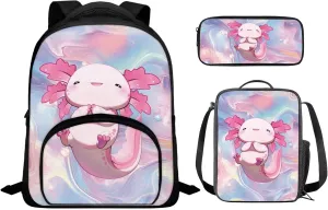 Axolotl Bookbag for Girls Primary School Backpack with Thermal Lunch Box and Pencil Case 3PCS School Backpack Set with Front Pockets for Kids Spring and Fall Trips