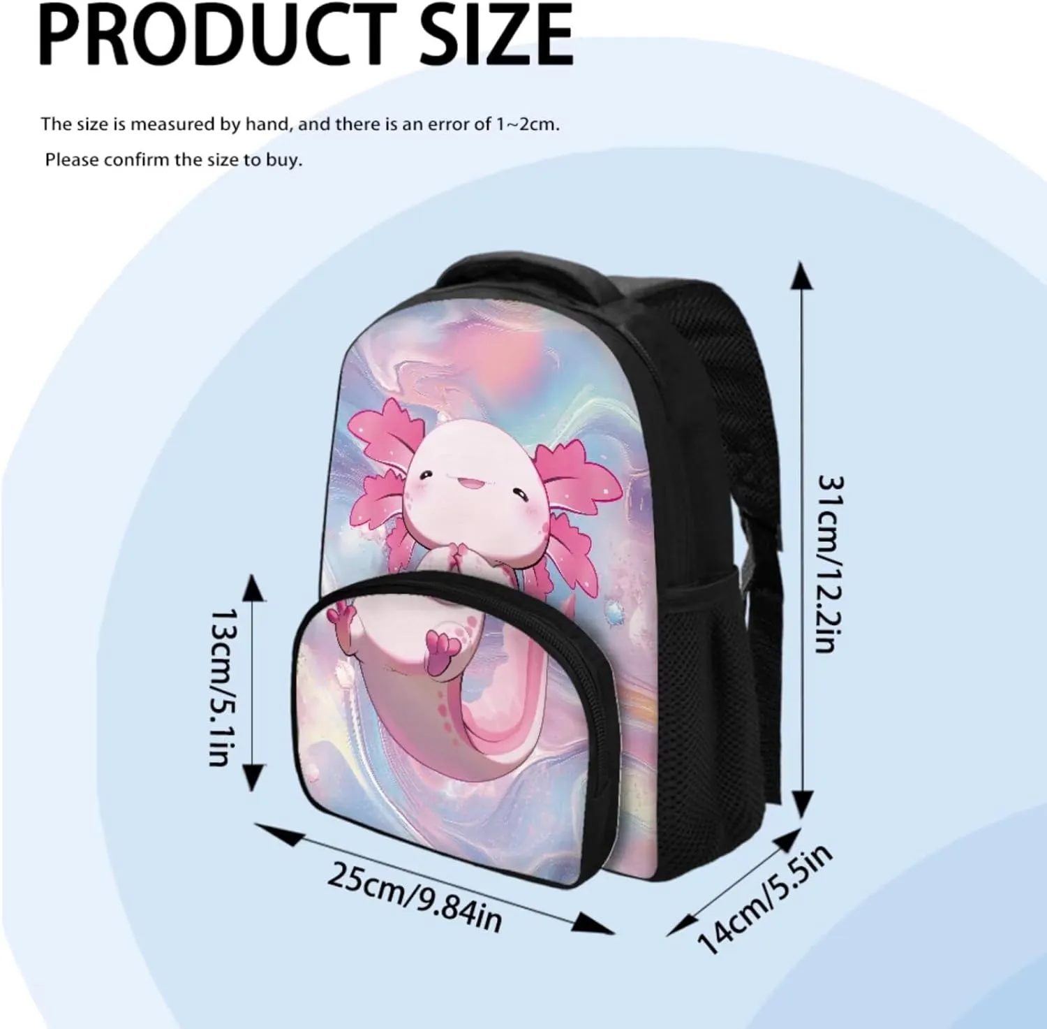 Axolotl Bookbag for Girls Primary School Backpack with Thermal Lunch Box and Pencil Case 3PCS School Backpack Set with Front Pockets for Kids Spring and Fall Trips