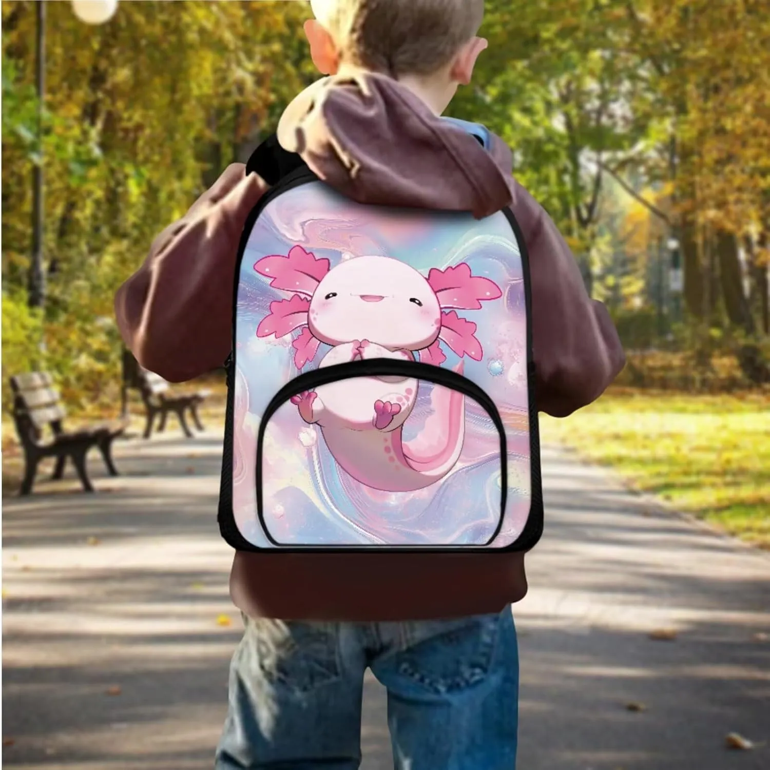 Axolotl Bookbag for Girls Primary School Backpack with Thermal Lunch Box and Pencil Case 3PCS School Backpack Set with Front Pockets for Kids Spring and Fall Trips
