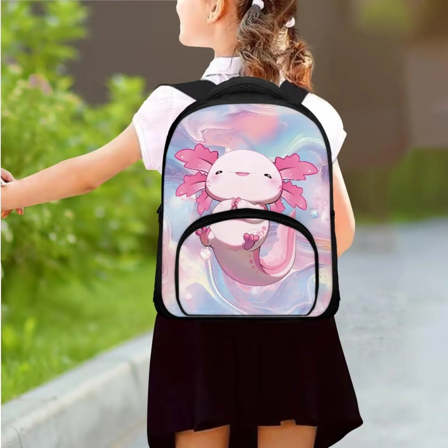 Axolotl Bookbag for Girls Primary School Backpack with Thermal Lunch Box and Pencil Case 3PCS School Backpack Set with Front Pockets for Kids Spring and Fall Trips