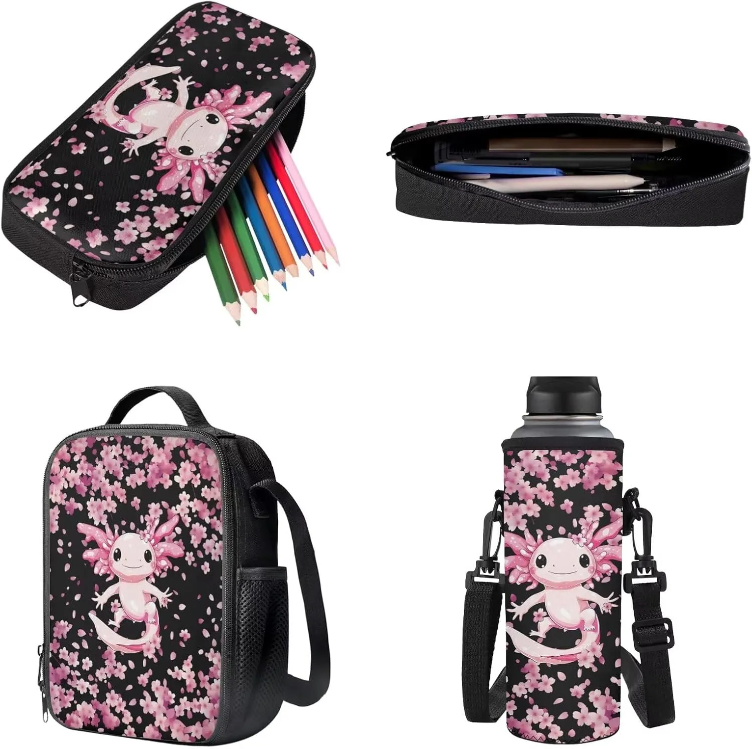 Axolotl Cherry Blossom Pink Pattern Large Backpack Thermal Lunch Bag Pen Case and Water Bottle Holder 4Pcs Kids Student School Bag Sets Back to School Supplies