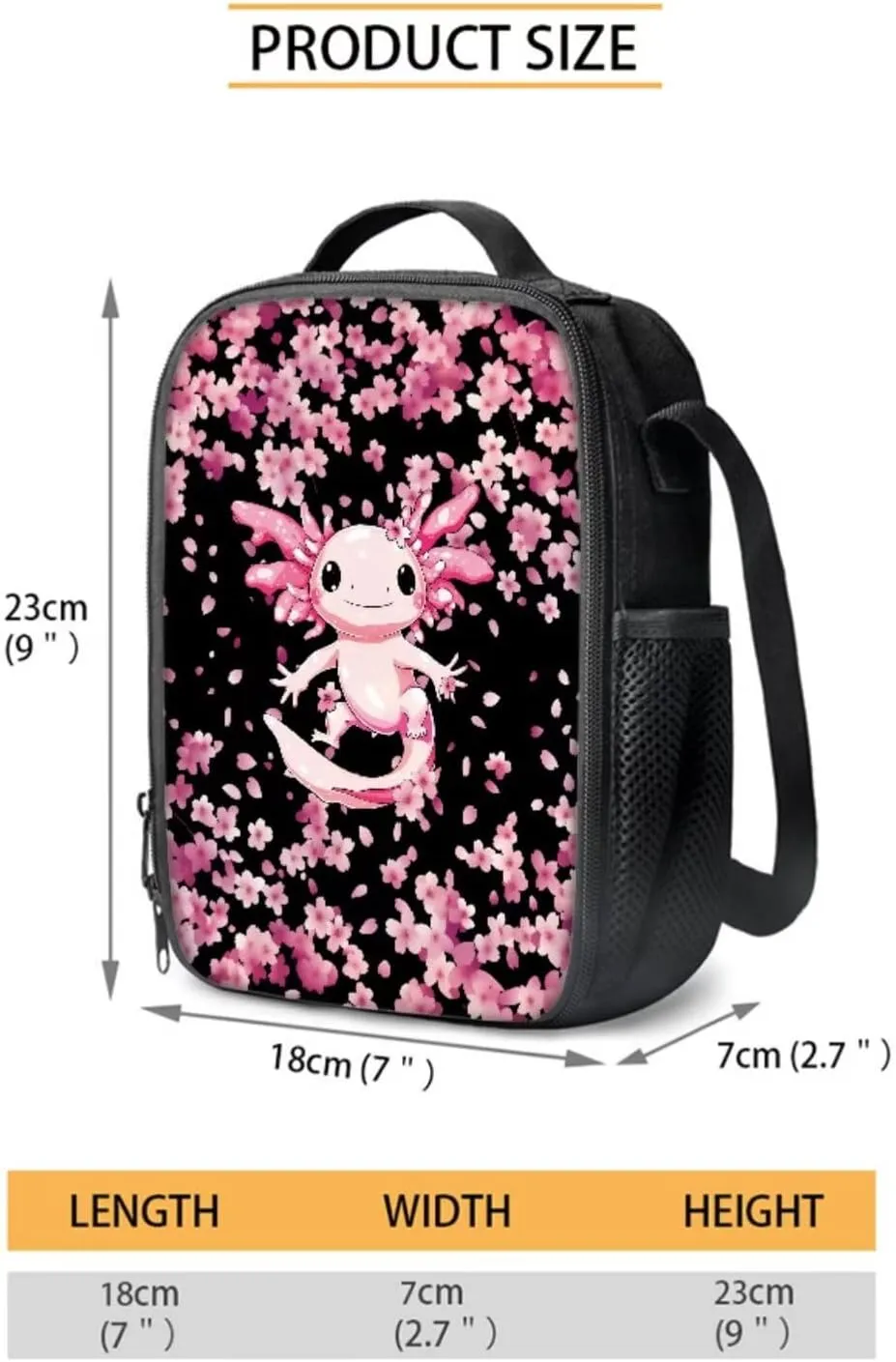 Axolotl Cherry Blossom Pink Pattern Large Backpack Thermal Lunch Bag Pen Case and Water Bottle Holder 4Pcs Kids Student School Bag Sets Back to School Supplies