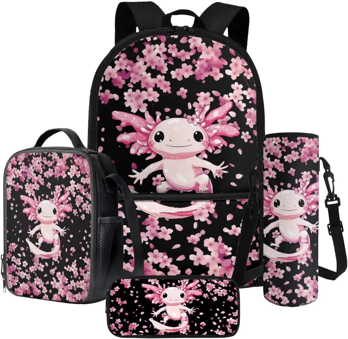 Axolotl Cherry Blossom Pink Pattern Large Backpack Thermal Lunch Bag Pen Case and Water Bottle Holder 4Pcs Kids Student School Bag Sets Back to School Supplies