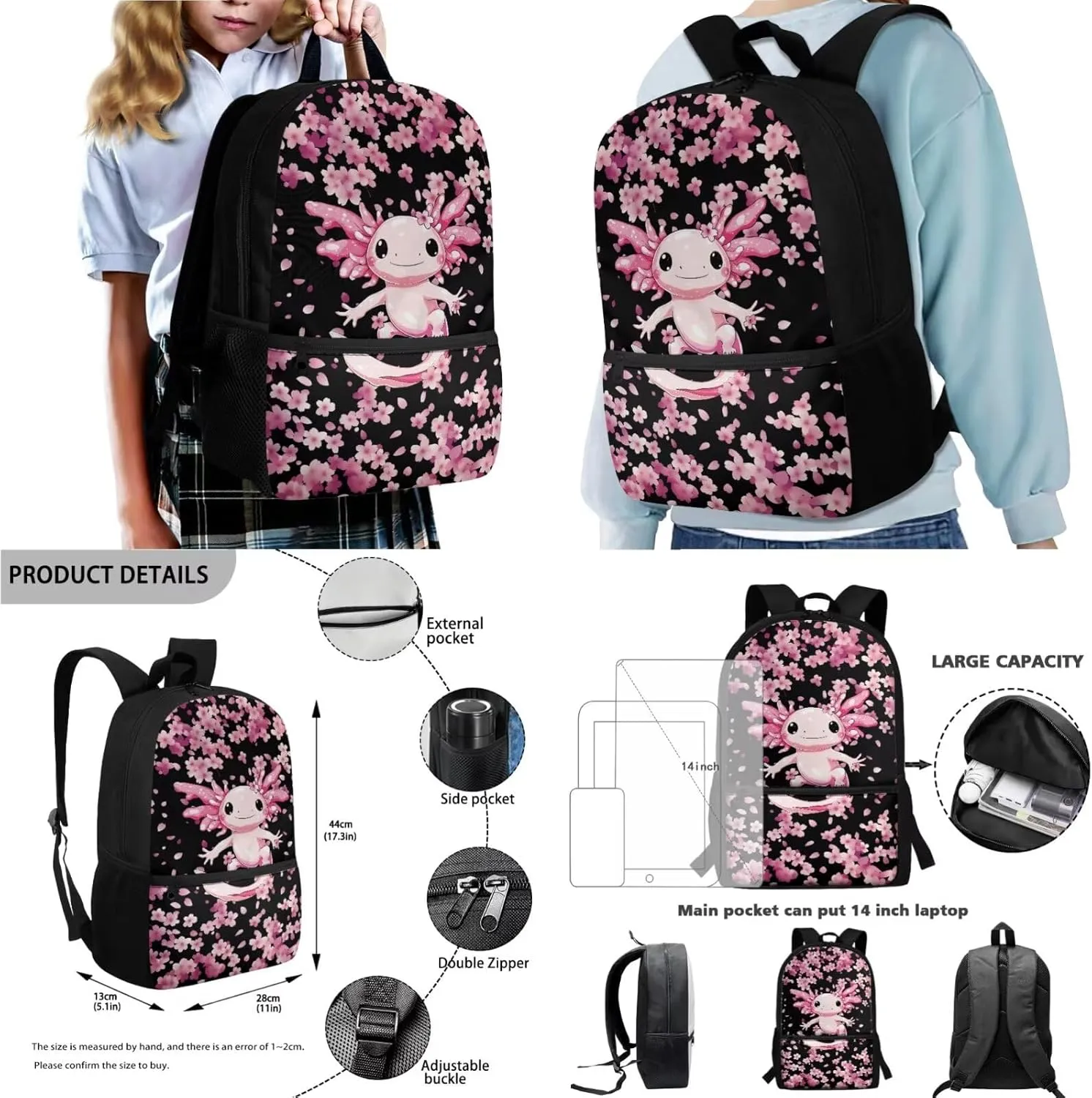 Axolotl Cherry Blossom Pink Pattern Large Backpack Thermal Lunch Bag Pen Case and Water Bottle Holder 4Pcs Kids Student School Bag Sets Back to School Supplies