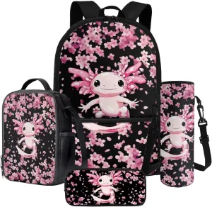 Axolotl Cherry Blossom Pink Pattern Large Backpack Thermal Lunch Bag Pen Case and Water Bottle Holder 4Pcs Kids Student School Bag Sets Back to School Supplies