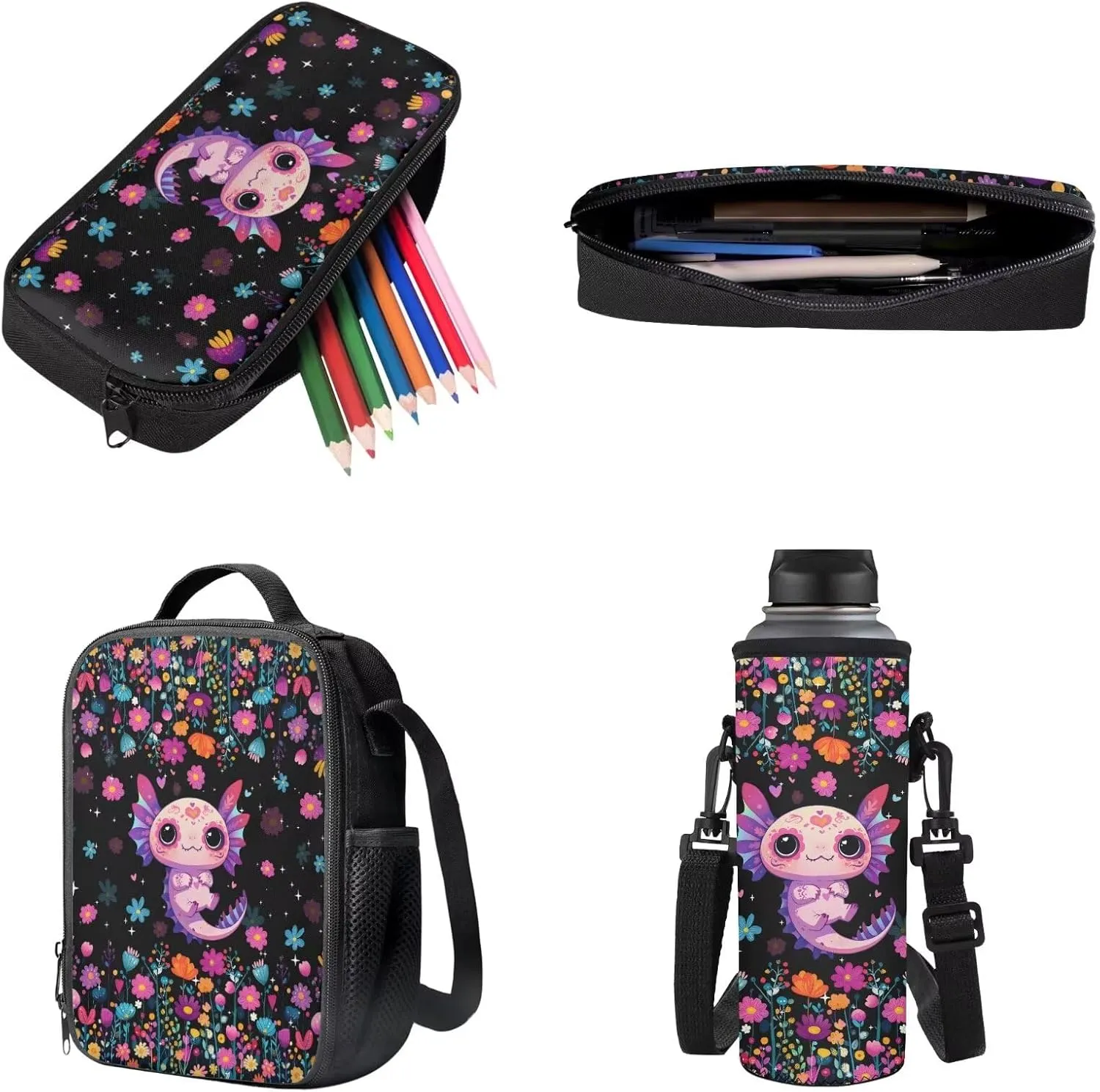 Axolotl Colorful Flowers Pattern 4Pcs Backpack Set for Students Large 17 Inch School Bag, Thermal Lunch Bag, Water Bottle Holder, Pen Case, Back to School Supplies
