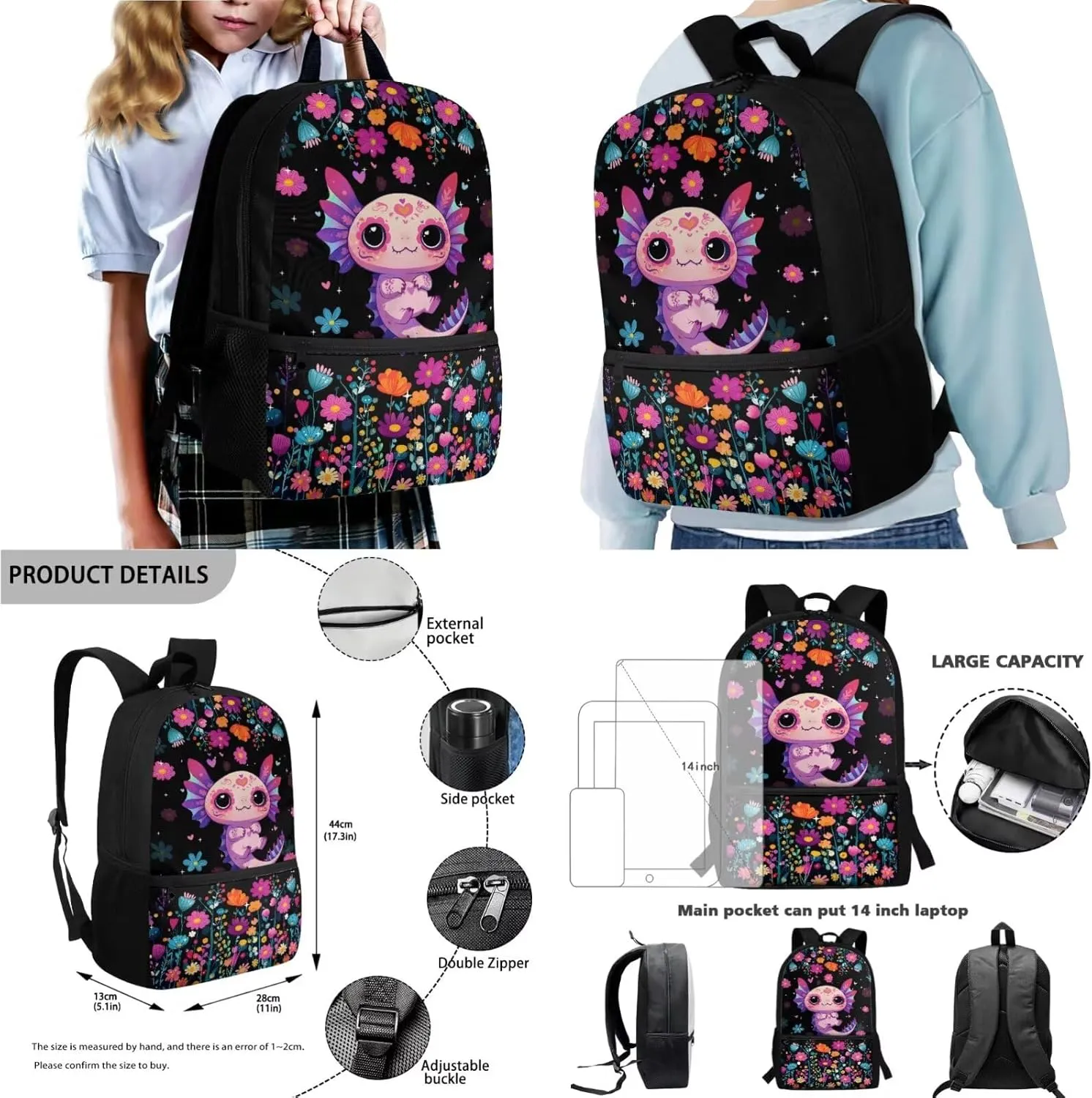 Axolotl Colorful Flowers Pattern 4Pcs Backpack Set for Students Large 17 Inch School Bag, Thermal Lunch Bag, Water Bottle Holder, Pen Case, Back to School Supplies