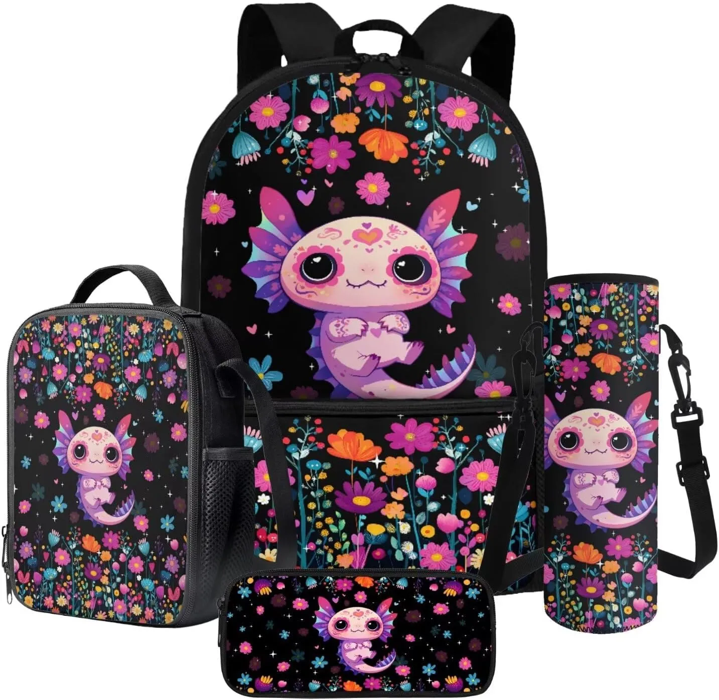Axolotl Colorful Flowers Pattern 4Pcs Backpack Set for Students Large 17 Inch School Bag, Thermal Lunch Bag, Water Bottle Holder, Pen Case, Back to School Supplies
