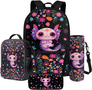 Axolotl Colorful Flowers Pattern 4Pcs Backpack Set for Students Large 17 Inch School Bag, Thermal Lunch Bag, Water Bottle Holder, Pen Case, Back to School Supplies