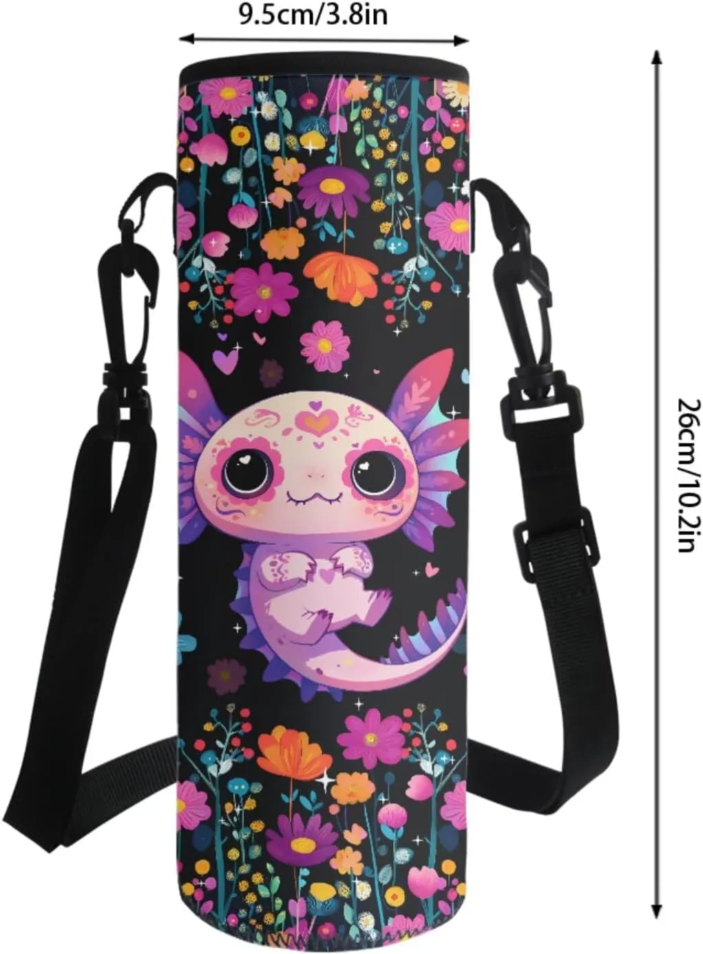 Axolotl Colorful Flowers Pattern 4Pcs Backpack Set for Students Large 17 Inch School Bag, Thermal Lunch Bag, Water Bottle Holder, Pen Case, Back to School Supplies