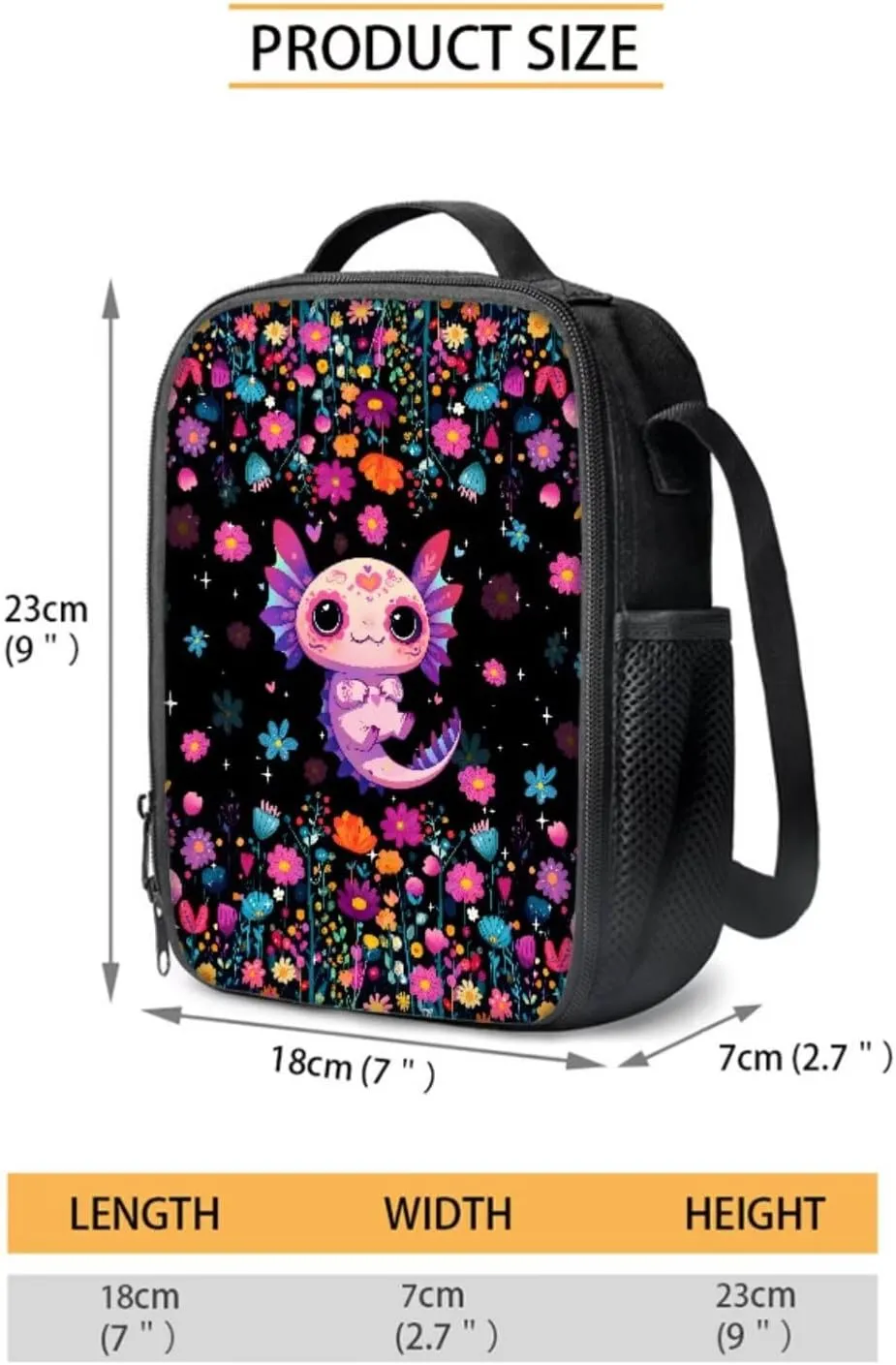 Axolotl Colorful Flowers Pattern 4Pcs Backpack Set for Students Large 17 Inch School Bag, Thermal Lunch Bag, Water Bottle Holder, Pen Case, Back to School Supplies