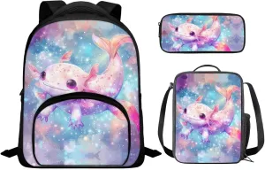 Axolotl Kids Backpack for Girls 2-3 Teen Girls School Backpack School Bags Bookbags for Teenage Girls Boys Backpack and Lunch Bag Set Brightly Colored and Patterned