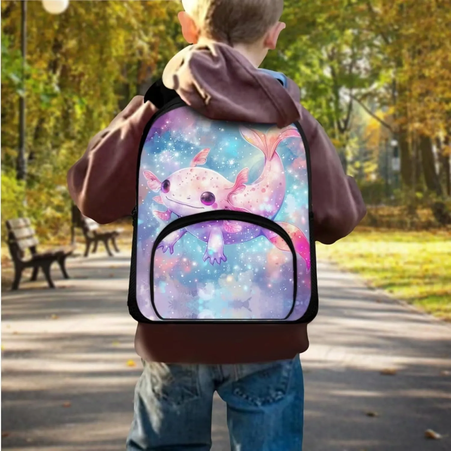 Axolotl Kids Backpack for Girls 2-3 Teen Girls School Backpack School Bags Bookbags for Teenage Girls Boys Backpack and Lunch Bag Set Brightly Colored and Patterned