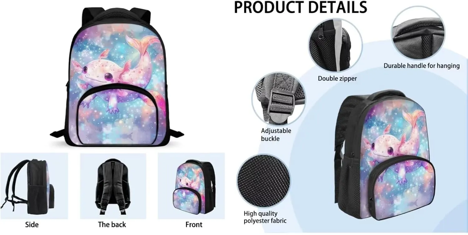 Axolotl Kids Backpack for Girls 2-3 Teen Girls School Backpack School Bags Bookbags for Teenage Girls Boys Backpack and Lunch Bag Set Brightly Colored and Patterned