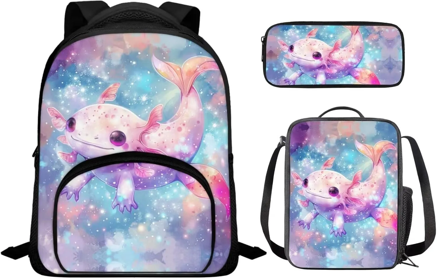 Axolotl Kids Backpack for Girls 2-3 Teen Girls School Backpack School Bags Bookbags for Teenage Girls Boys Backpack and Lunch Bag Set Brightly Colored and Patterned